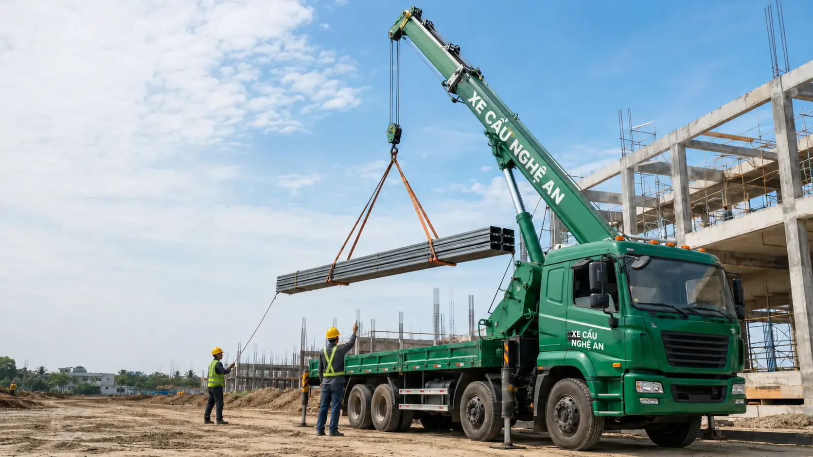 Xe cẩu tự hành nâng hạ hàng tại công trình