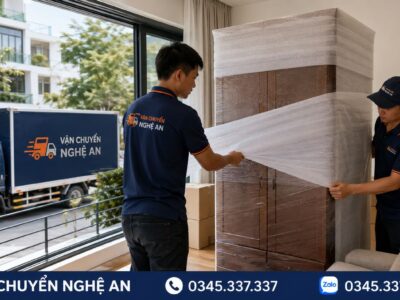 Nhân viên chuyển nhà trọn gói từ Nghệ An đi Hà Nội đóng gói tủ đồ - Vận Chuyển Nghệ An