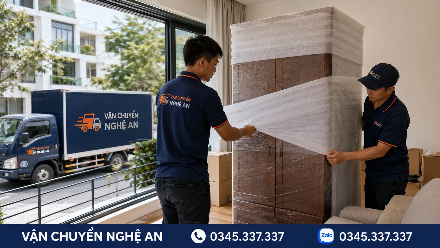 Nhân viên chuyển nhà trọn gói từ Nghệ An đi Hà Nội đóng gói tủ đồ - Vận Chuyển Nghệ An