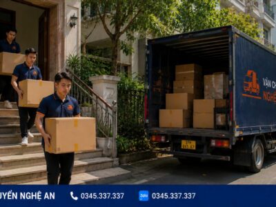 Nhân viên khiêng thùng đồ chuyển nhà trọn gói từ Nghệ An đi Ninh Bình lên xe tải - Vận Chuyển Nghệ An