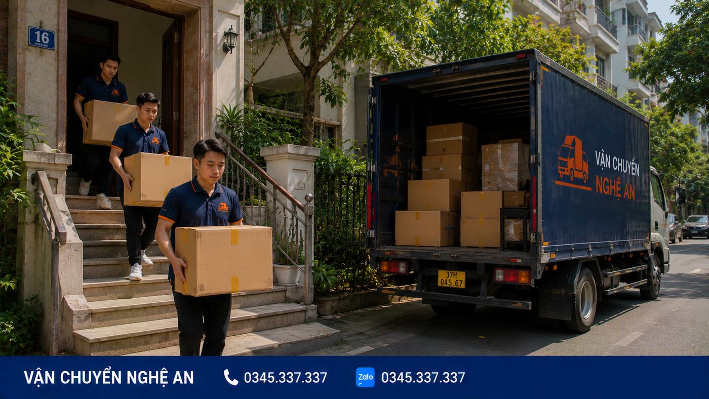 Nhân viên khiêng thùng đồ chuyển nhà trọn gói từ Nghệ An đi Ninh Bình lên xe tải - Vận Chuyển Nghệ An