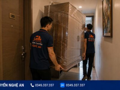 Nhân viên vận chuyển tủ đồ trong chung cư khi chuyển nhà trọn gói từ Nghệ An đi Ninh Bình - Vận Chuyển Nghệ An