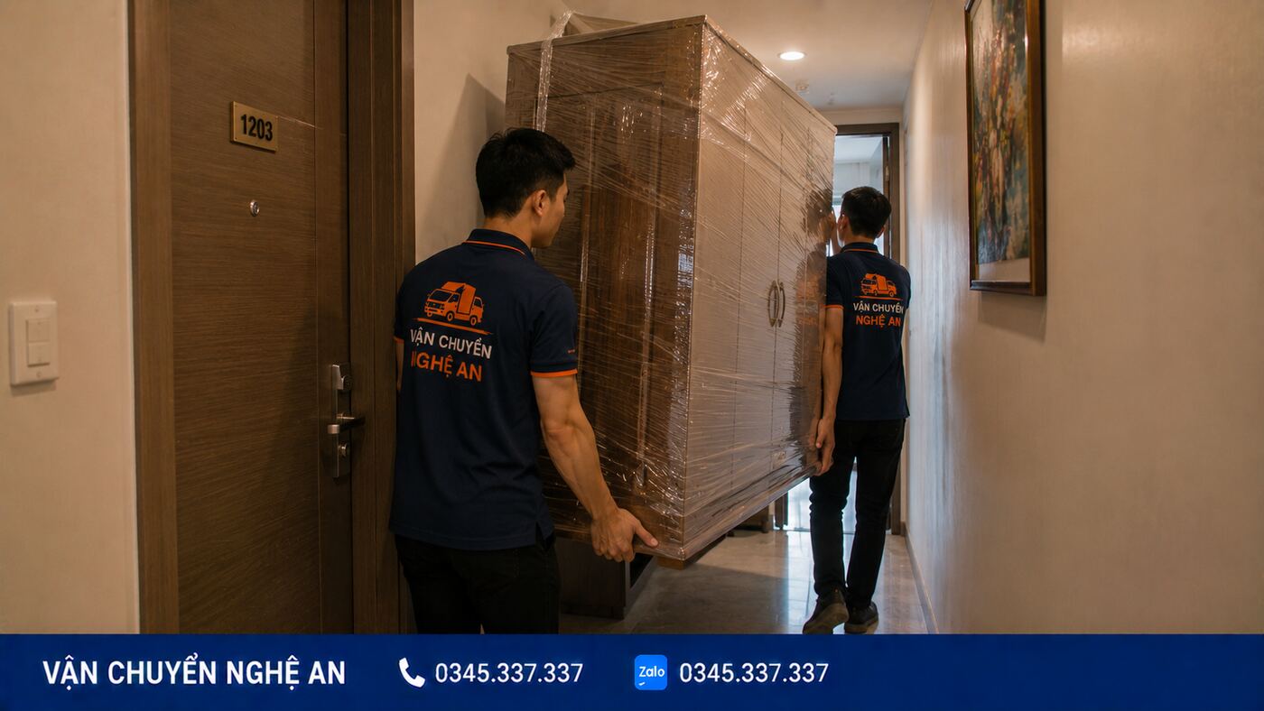 Nhân viên vận chuyển tủ đồ trong chung cư khi chuyển nhà trọn gói từ Nghệ An đi Ninh Bình - Vận Chuyển Nghệ An