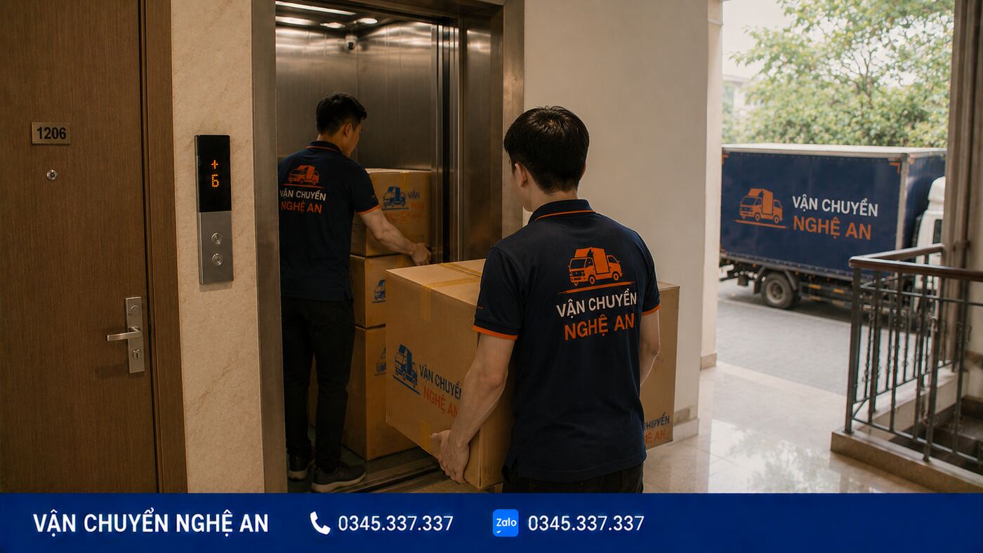 Bốc đồ trong thang máy chung cư khi chuyển nhà trọn gói từ Nghệ An đi Hải Phòng - Vận Chuyển Nghệ An