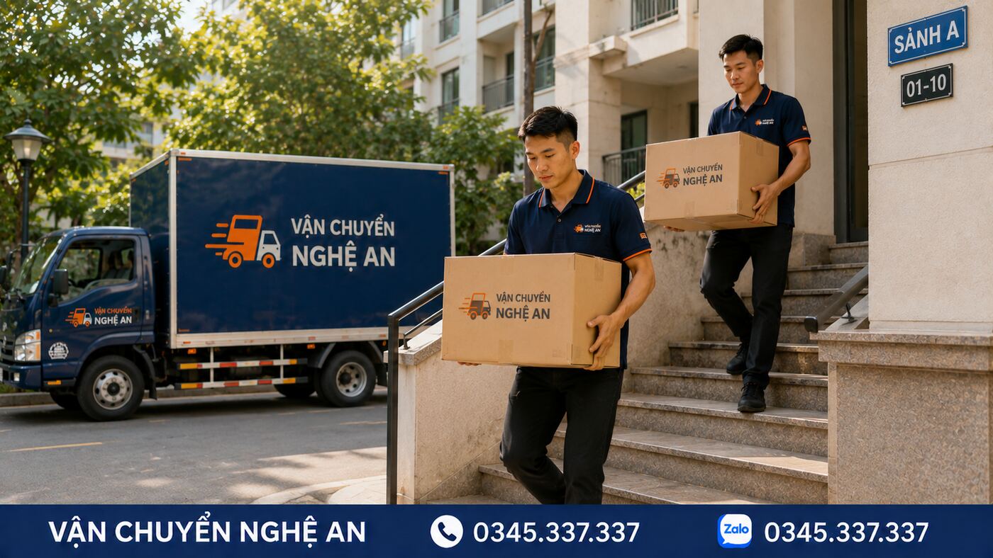 Nhân viên bê thùng đồ giao đến chung cư khi chuyển nhà trọn gói từ Nghệ An đi Hải Phòng - Vận Chuyển Nghệ An