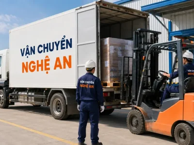 Vận chuyển hàng từ Ninh Bình vào KCN Bắc Vinh - xe nâng dỡ pallet tại nhà máy