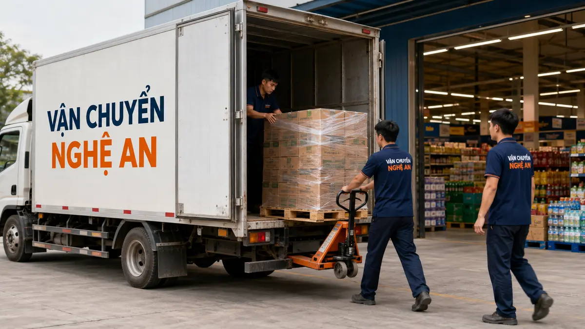 Dùng xe nâng tay đưa pallet hàng xuống kho siêu thị tại Nghệ An