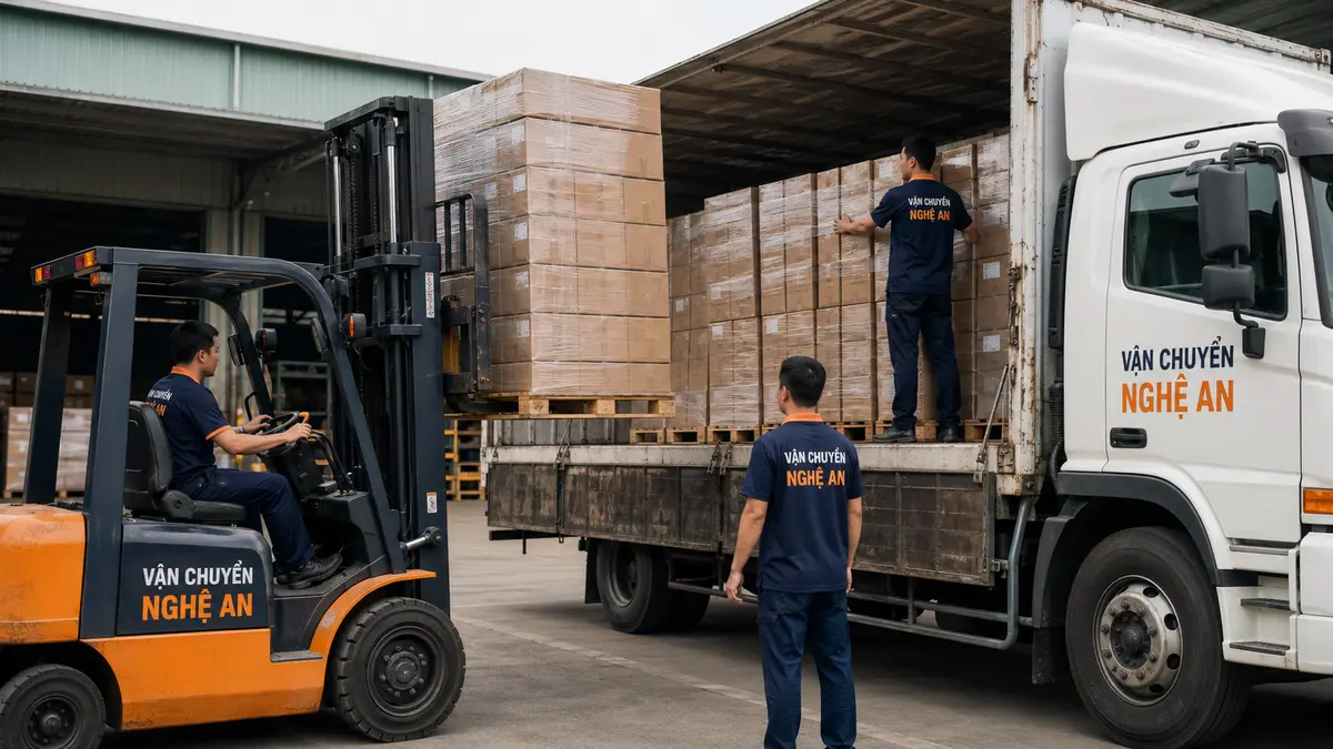 Xe nâng xếp pallet lên xe tải cho tuyến Phú Thọ Nghệ An