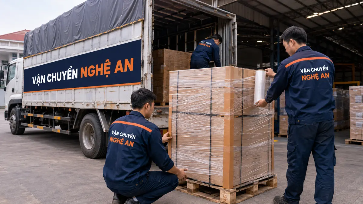 Vận chuyển đồ nội thất từ Hưng Yên về Nghệ An - quấn màng co bảo vệ hàng hóa