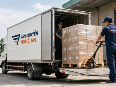 Cẩu nâng xe tải giao pallet hàng từ Hưng Yên vào GO Vinh