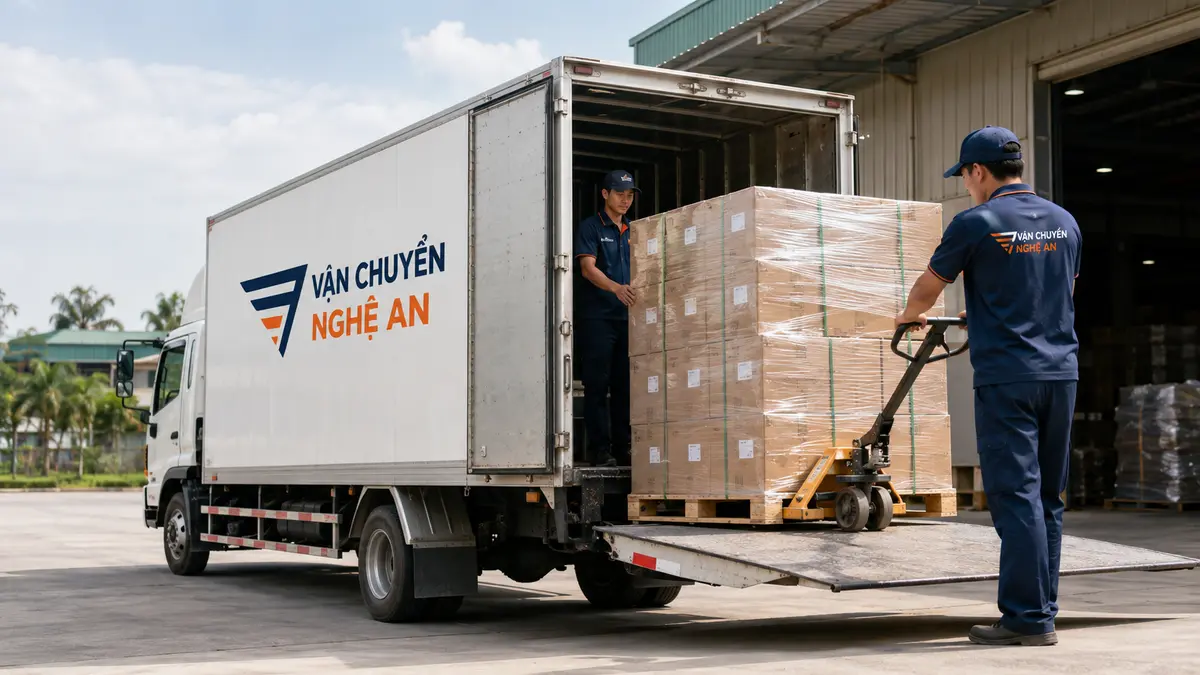 Cẩu nâng xe tải giao pallet hàng từ Hưng Yên vào GO Vinh