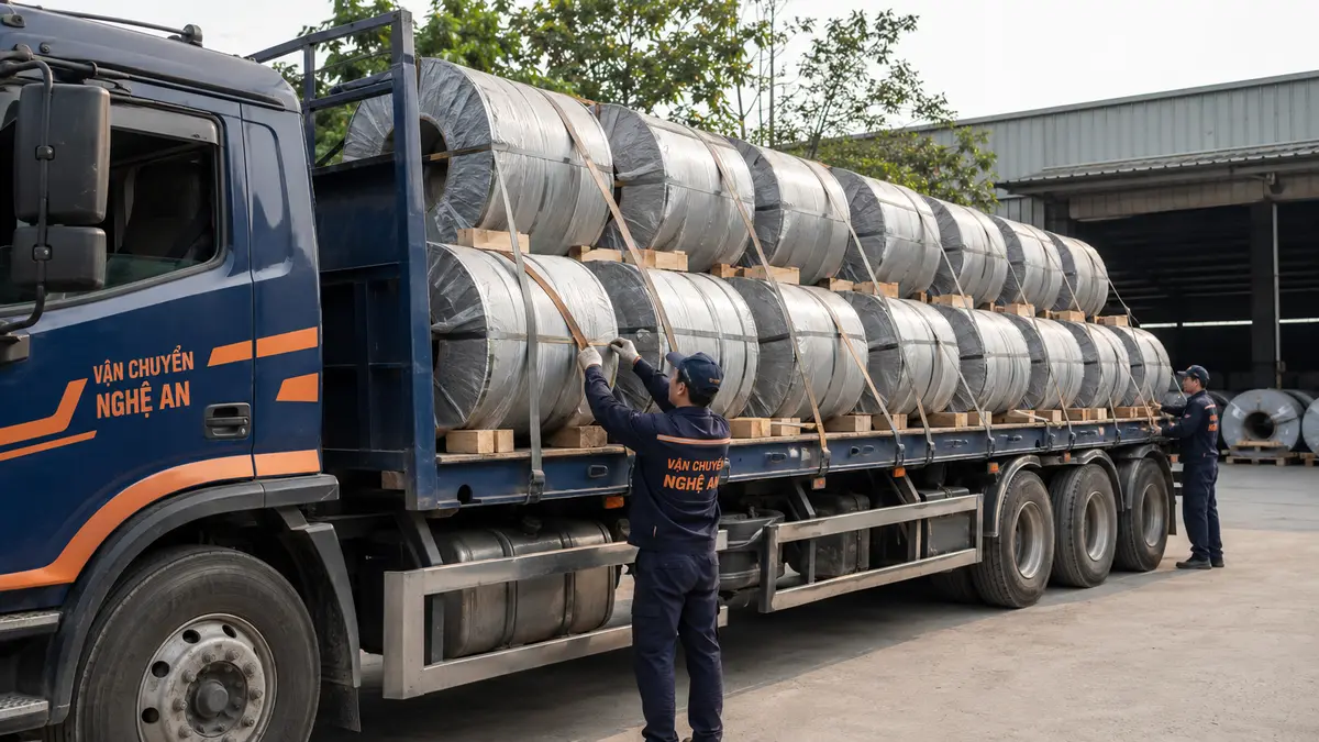 Xe nâng hạ thiết bị hàng từ Hưng Yên qua kho tại Nghệ An