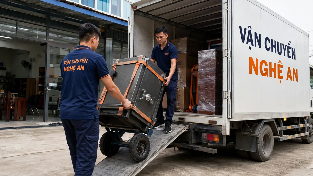 vận chuyển hàng cồng kềnh từ Hà Nội về Nghệ An - két sắt nặng được cố định trên xe