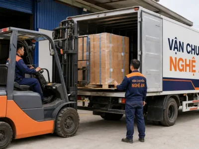 Xe nâng đưa pallet hàng vào thùng xe khi gửi hàng từ Phú Thọ vào GO Vinh