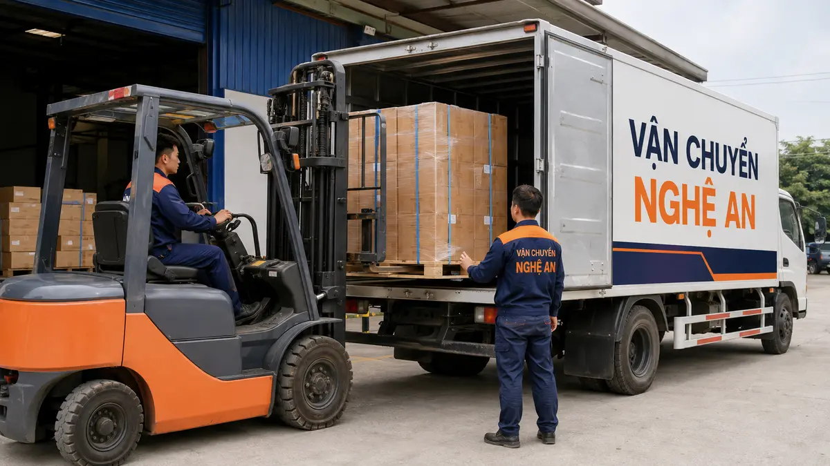 Xe nâng đưa pallet hàng vào thùng xe khi gửi hàng từ Phú Thọ vào GO Vinh
