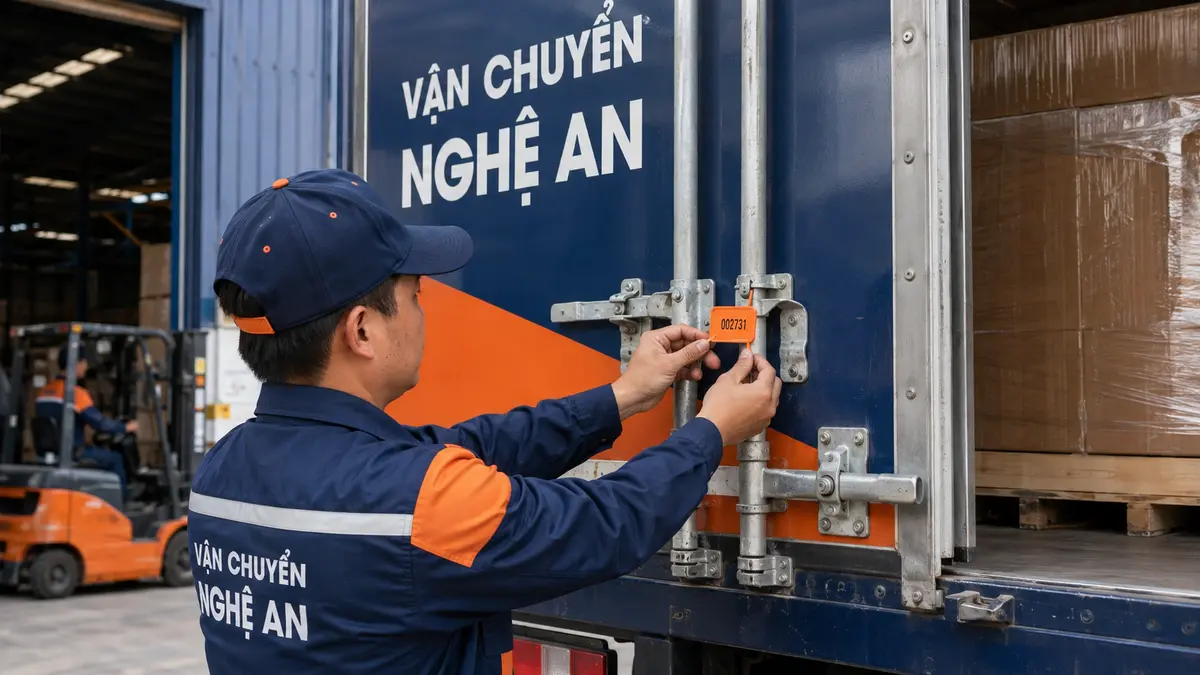 Kiểm tra khóa niêm phong thùng xe trước khi giao hàng từ Hà Nội vào GO Vinh