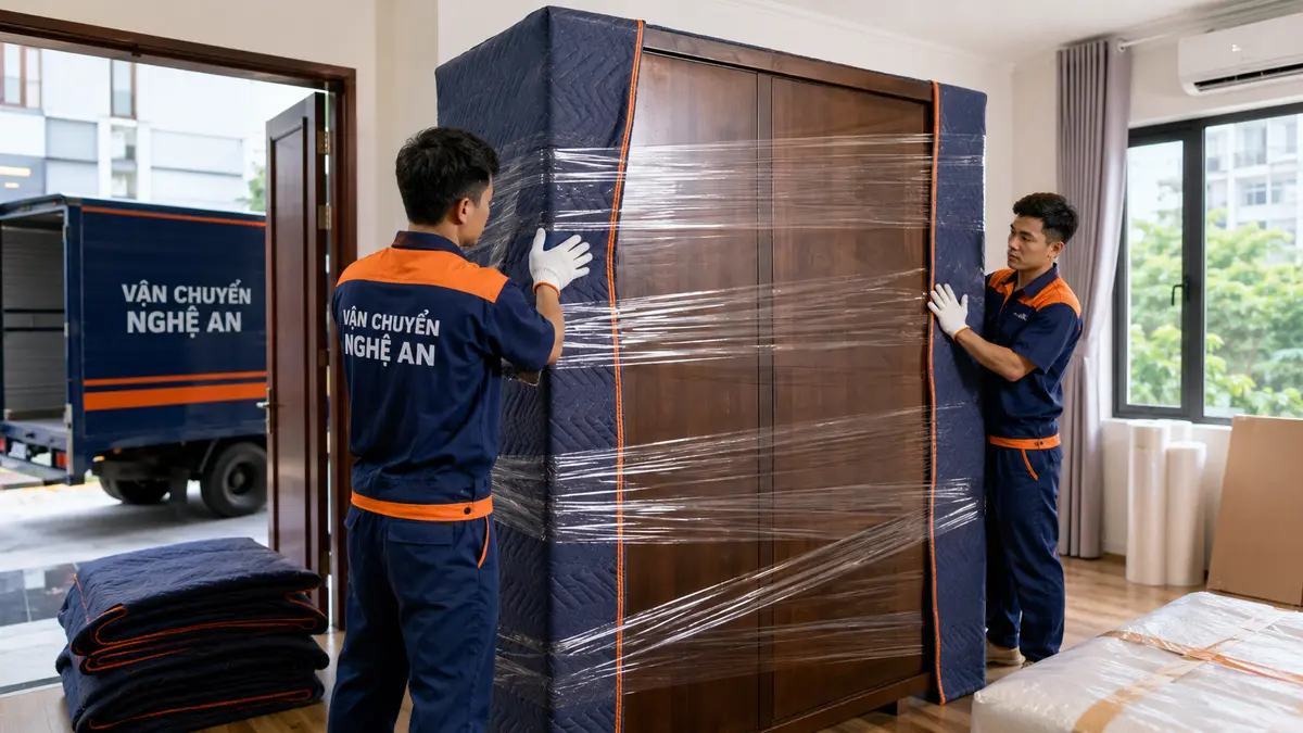 Bọc bảo vệ tủ quần áo khi chuyển nhà từ Thanh Hóa về Nghệ An