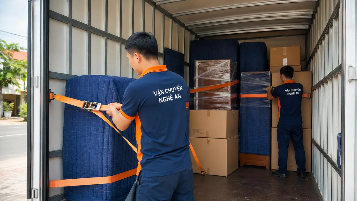 Vận chuyển hàng dễ vỡ Hà Nội Nghệ An - chằng buộc đồ đạc trong thùng xe