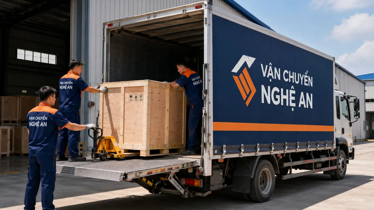 Xếp kiện máy móc lên xe bao tuyến Hà Nội Nghệ An