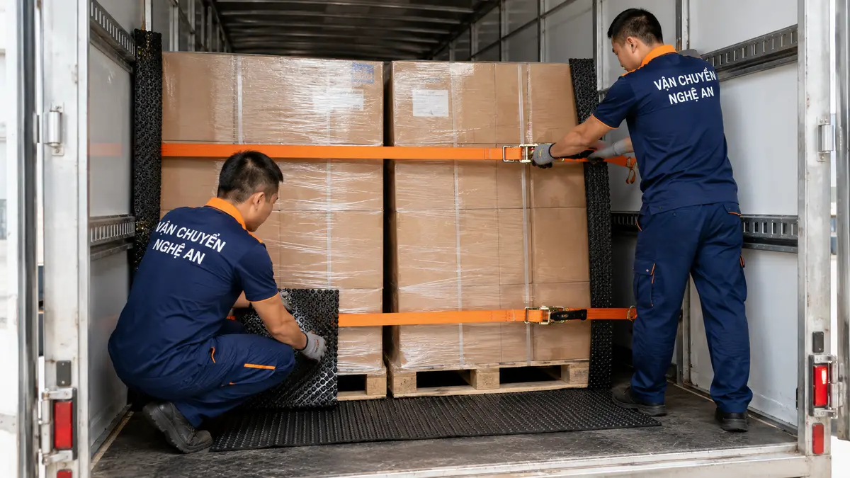 Chằng buộc hàng hóa cẩn thận trước khi vận chuyển từ Hải Phòng về Nghệ An