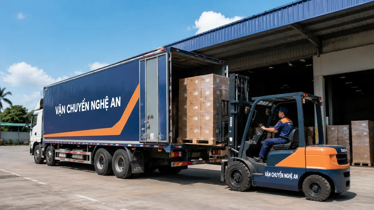 Xe nâng dỡ pallet tại kho trong chuyến giao hàng nhiều điểm từ Phú Thọ tại Nghệ An